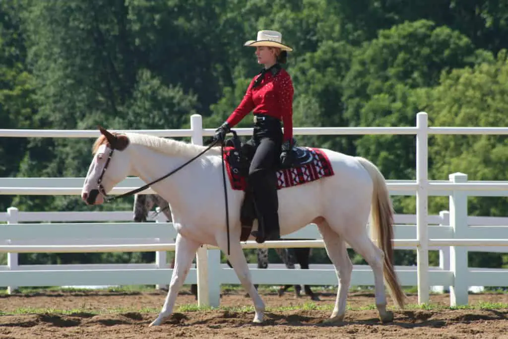 a girl rides a horse western in a show at a walk. She reaps the physical benefits of horseback riding