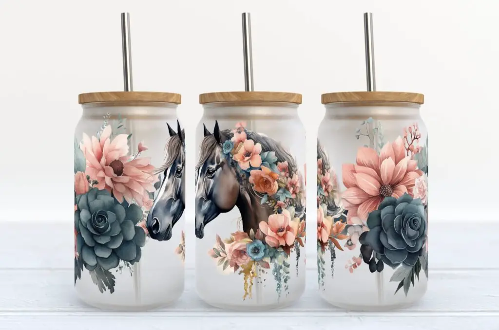 floral horse frosted beer glass